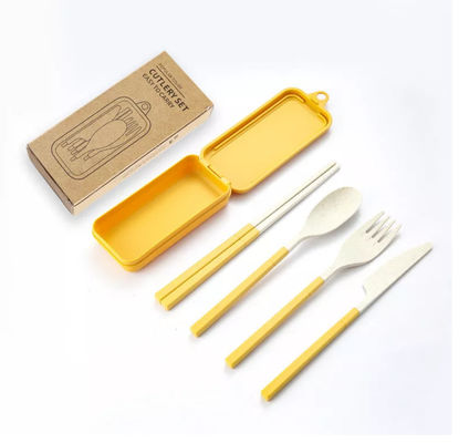 3 Piece Dinner Set Kemasan Kotak Bepergian Dengan Sumpit Lipat Peralatan Makan Spork